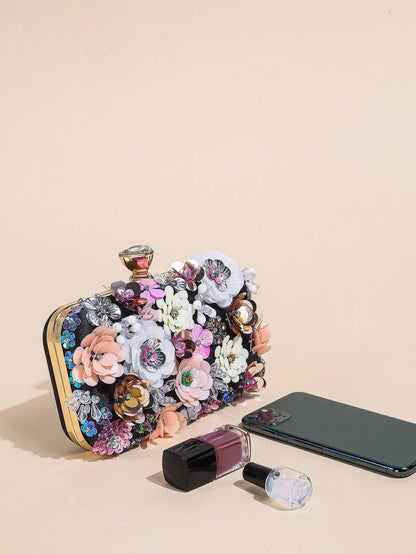 I PC Black Elegant Floral Beaded Clutch, classic Banquet Purse,Women's Fashion Evening Bag Foren Wedding Party Prom