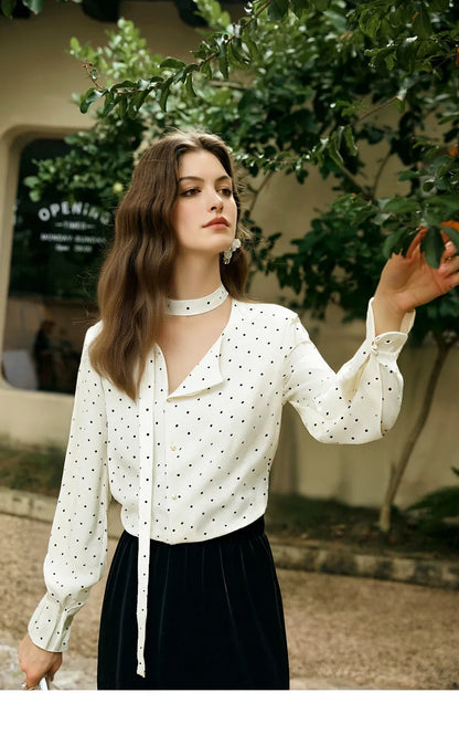 Woman Chiffon Blouse French Style 2026 Spring Elegant Polka Dot Ladies Top Bow Tie Neck Long Sleeve Shirts O58CC002535