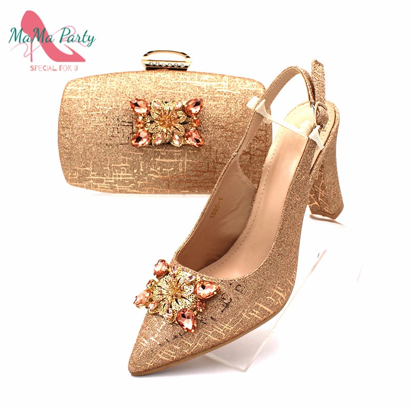 Color Italian Classics Design African Women Shoes and Bag Set High Quality with Shinning Crystal for Wedding Party