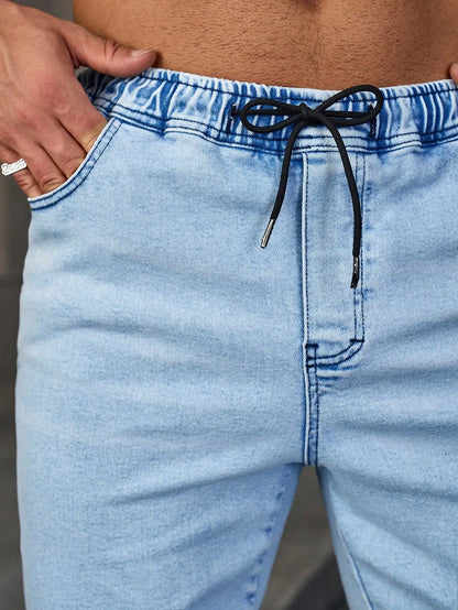 Men's Summer Denim Shorts. Light Blue Elastic-Waist Denim Shorts. Drawstring Design. Daily Casual Trend.