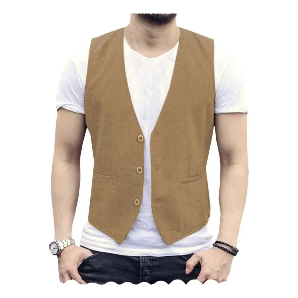 V Neck Men's Linen Vest Single Breasted Vintage Real Pocket Men's Summer Linen Waistcoat For Wedding