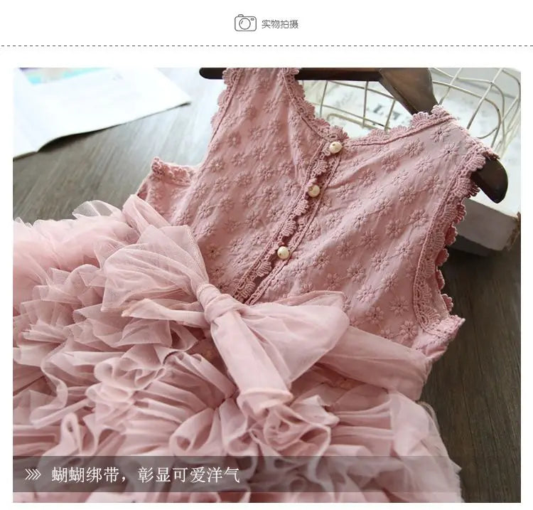Summer Casual All Match Kawaii Girls Party Dress Patchwork Sleeveless Layered Dress Embroidered Ball Gown Chic Costumes for Kids