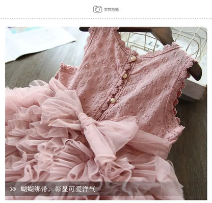 Summer Casual All Match Kawaii Girls Party Dress Patchwork Sleeveless Layered Dress Embroidered Ball Gown Chic Costumes for Kids