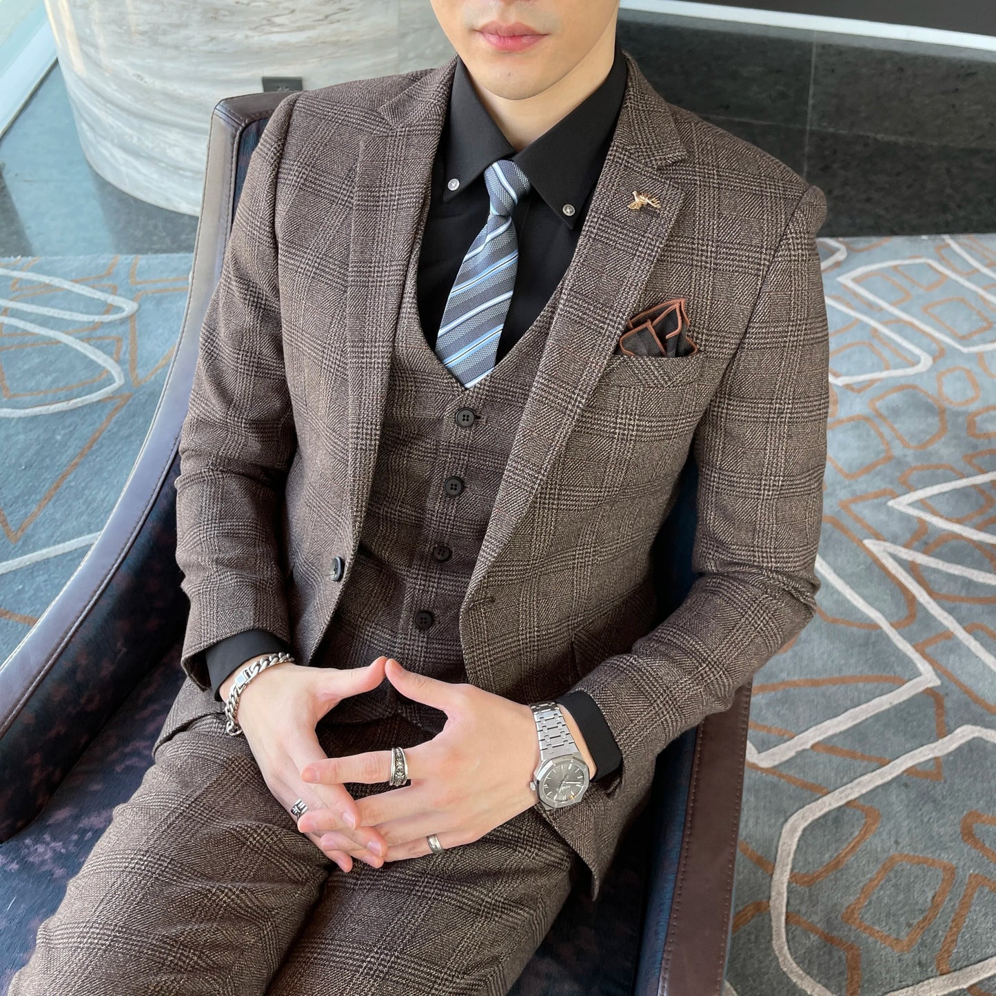British Korean Style High Quality Modified Plaid Three-Piece Suit for Men - Stylish Business Casual Suit Vest And Trousers Set