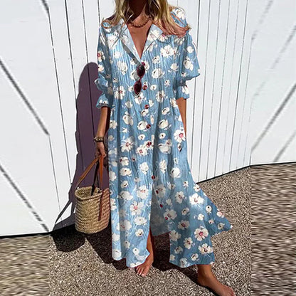 Women's Elegant Plus Size Pleated Short Sleeve V Neck Long Dresses Sweet Style High Waist Printed Dress Female Casual Loose Gown