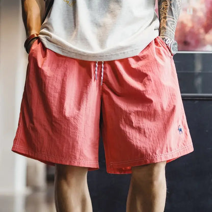 Men's American Retro Embroidered Woven Beach Shorts Lightweight Thin Five Inch Amekaji Style Daily Casual Summer Trousers
