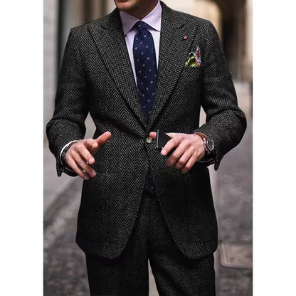 Men's Herringbone Two-Piece Suit Notch Lapel Single-Breasted Slim Fit Comfortable Waist Casual Elegant Business Suit Set Formal