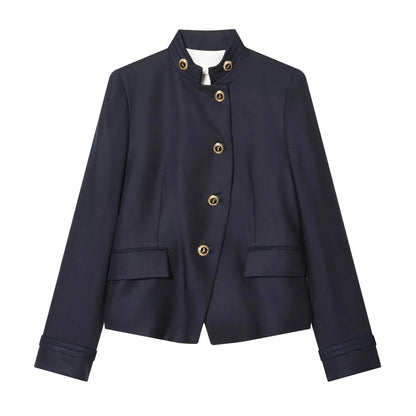 Elegant Casual Chic Women Blazer NavyBlue Buttons Stand Collar Slim Blazer Fashion 2026 Spring Summer Office Lady Blazer