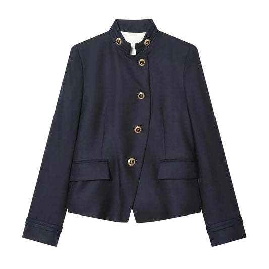 Elegant Casual Chic Women Blazer NavyBlue Buttons Stand Collar Slim Blazer Fashion 2026 Spring Summer Office Lady Blazer