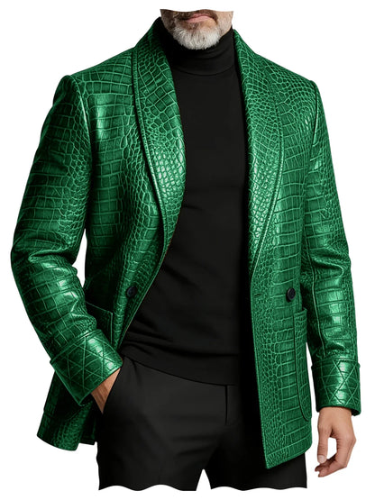 Men's Crocodile Pattern Leather Blazer 1 Button Shawl Collar Tuxedo Jacket Formal Business Wedding Coat Luxury Suit Outerwear