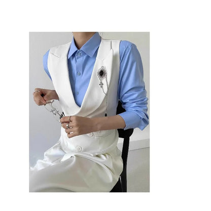 Men Vest Korean Simple Solid Turn Down Collar Sleeveless Man Waistcoat Slim Double-breasted Versatile Male Suit Vest