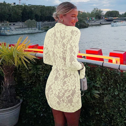 Turtleneck Long Flare Sleeve Patchwork Lace Hollow Out Button Sexy Mini Dress 2025 Spring Women Clothes Party Nightclub