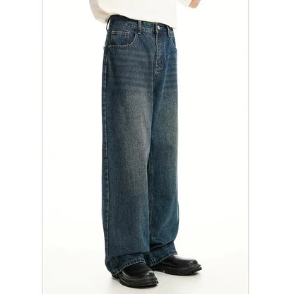 Men Classic Straight Leg Casual Jeans Male Brand Wide Leg Black Denim Pants Simple Vintage Outside High Street Denim Trousers