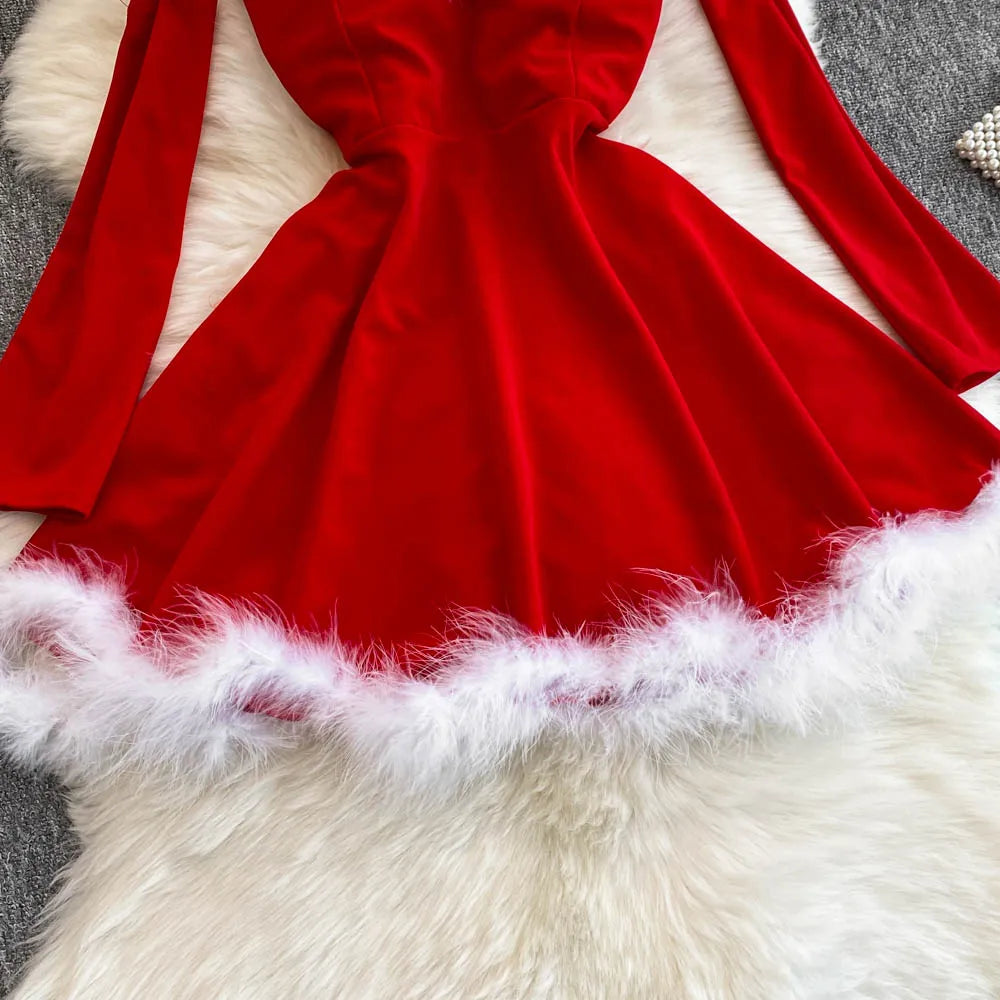 Women's Christmas Dress Sexy Low-cut Waist Thin Big Pendulum Fluffy Splicing Suspender Tube Ling Dress Red