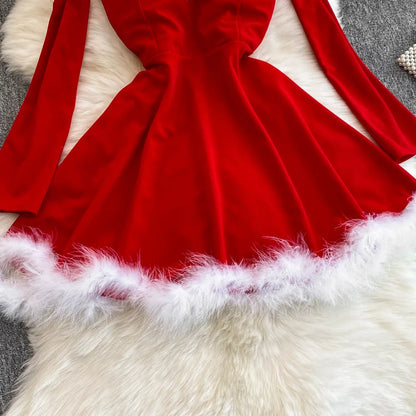 Women's Christmas Dress Sexy Low-cut Waist Thin Big Pendulum Fluffy Splicing Suspender Tube Ling Dress Red