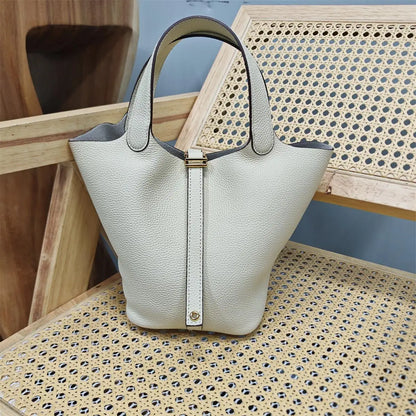 Top Layer Cowhide Leather Handbag European Sle Buet Bag Fre Vegetable Basket Ladies Handbag Soft Handle Casual Faion