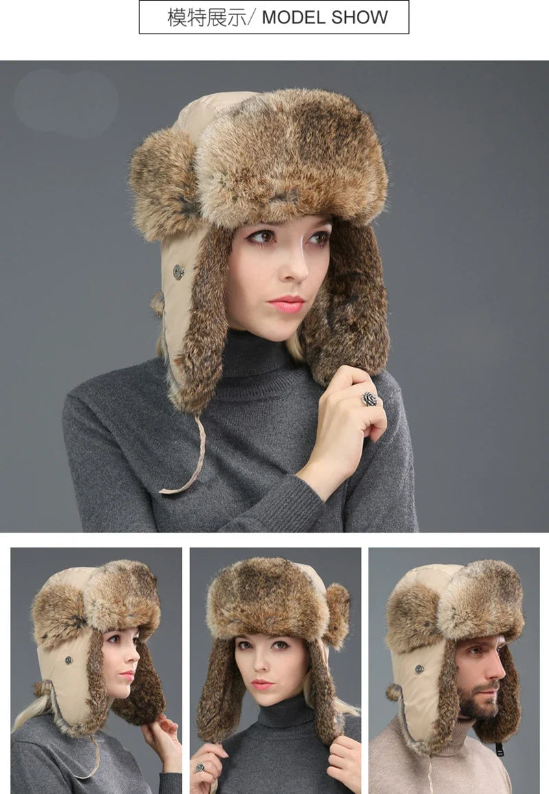Russia Winter Real fur Hat Unisex Outdoor Windproof Super Warm Real Rabbit Fur Bomber Hats Natural Soft Natural Rabbit Fur Caps