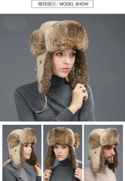 Russia Winter Real fur Hat Unisex Outdoor Windproof Super Warm Real Rabbit Fur Bomber Hats Natural Soft Natural Rabbit Fur Caps