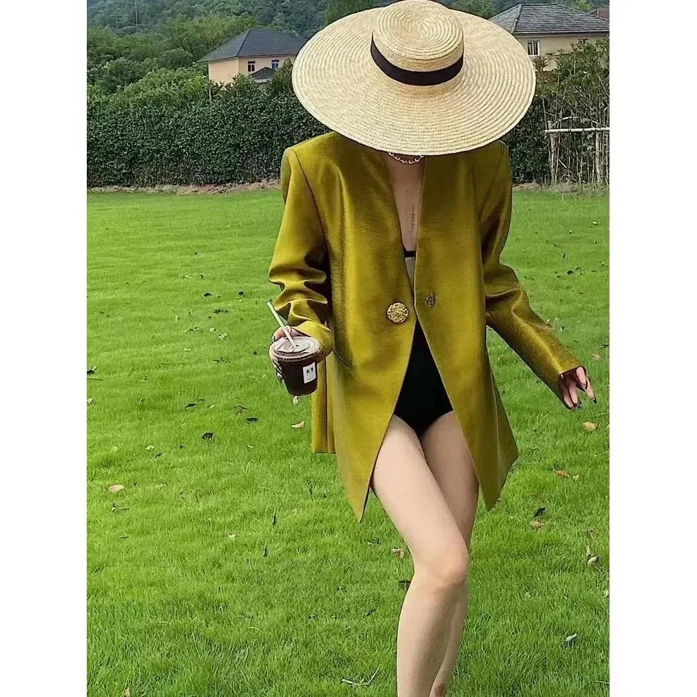 Women's Blazer Coat 2025 Spring Autumn Fashion Retro Style Advanced Ladies Suit Jacket Korean Version Temperament Lady Outerwear