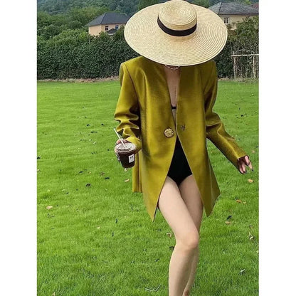 Women's Blazer Coat 2025 Spring Autumn Fashion Retro Style Advanced Ladies Suit Jacket Korean Version Temperament Lady Outerwear