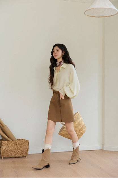 Women's Lapel Lantern Sleeve Shirts 2026 Spring Lace Trim Casual Loose Breathable Solid Shirt Office Lady MXF13C2436