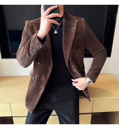 Autumn Winter New Men Corduroy Suit Jackets Double-Breasted Striped Slim Fit Casual Coats High Quality Formal Business Tailcoat