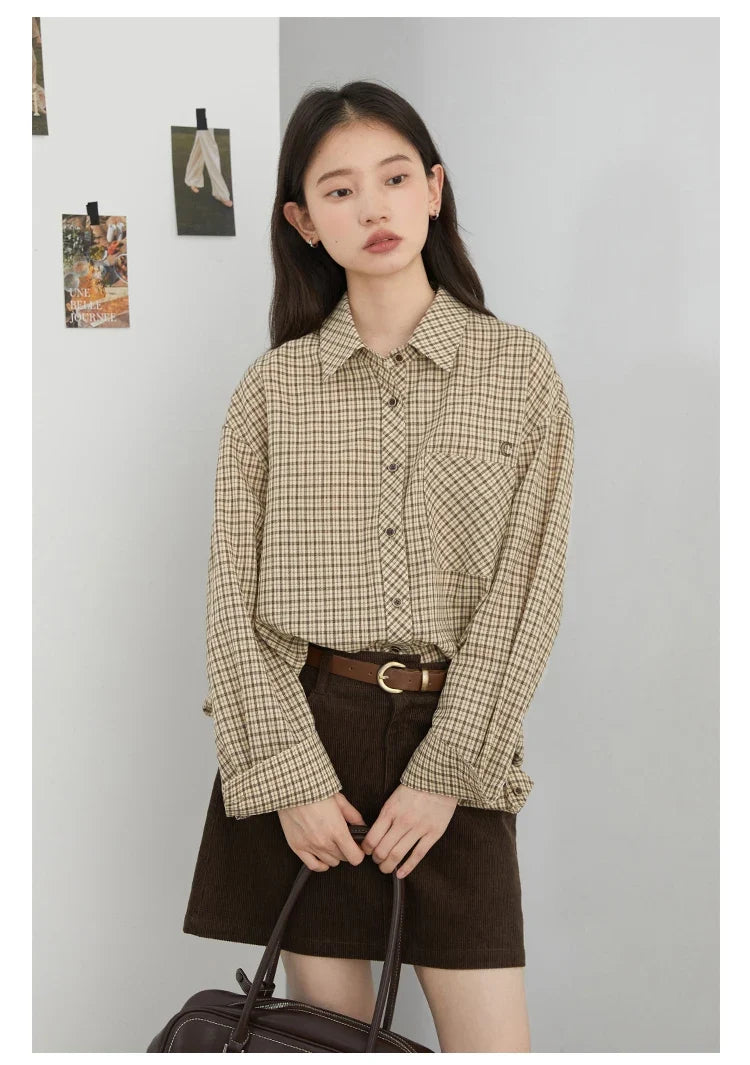 Women Shirt Loose Casual Single-breasted New Retro Contrast Plaid Embroidered Blouses Female Top Autumn Winter 2026