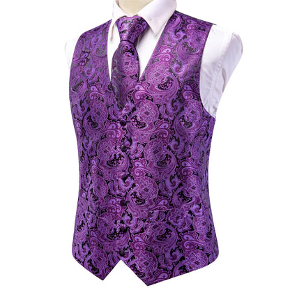 Purple Silk Mens Waistcoat Tie Set Sleeveless Jacket Suit Vest Necktie Hanky Cufflinks Wedding Business Oversized