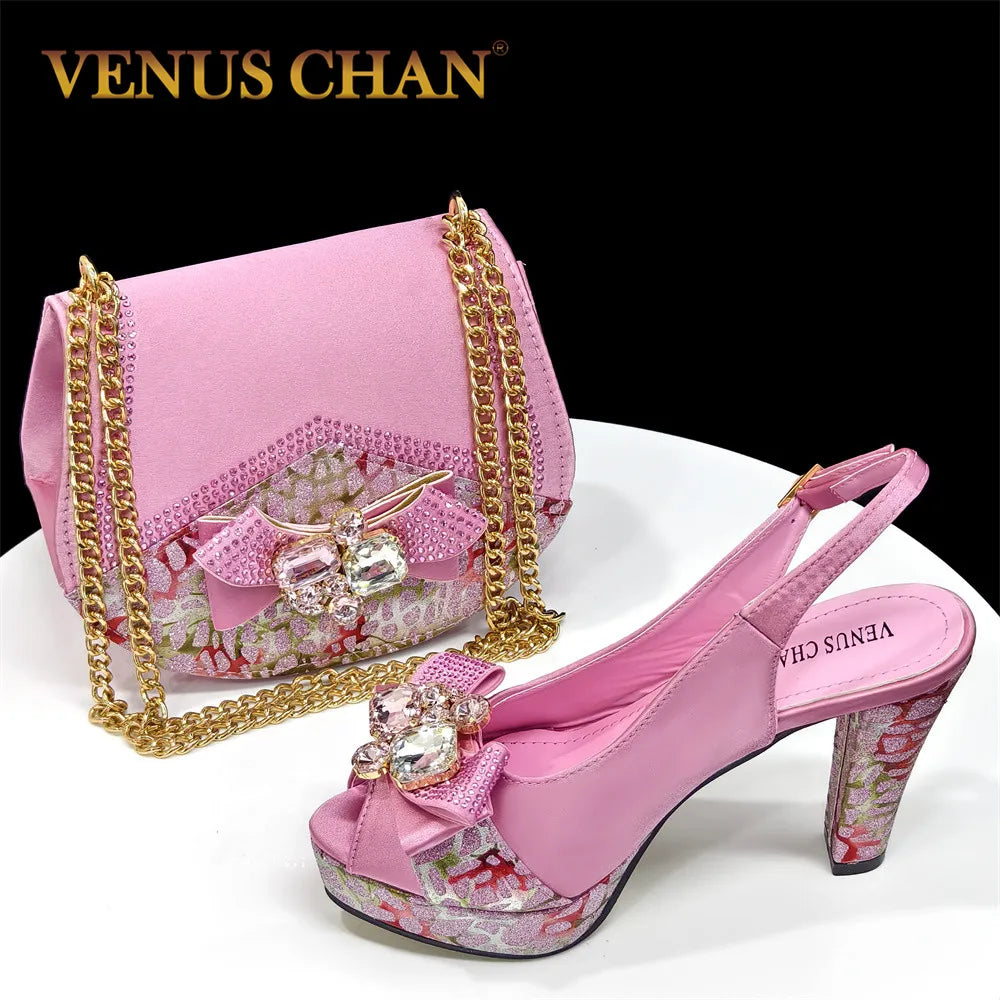 Nigerian Women Heel Party Shoes and Bag Set Royal Blue Colour Rhinestone Handbag Italian Design Wedding INS 2024