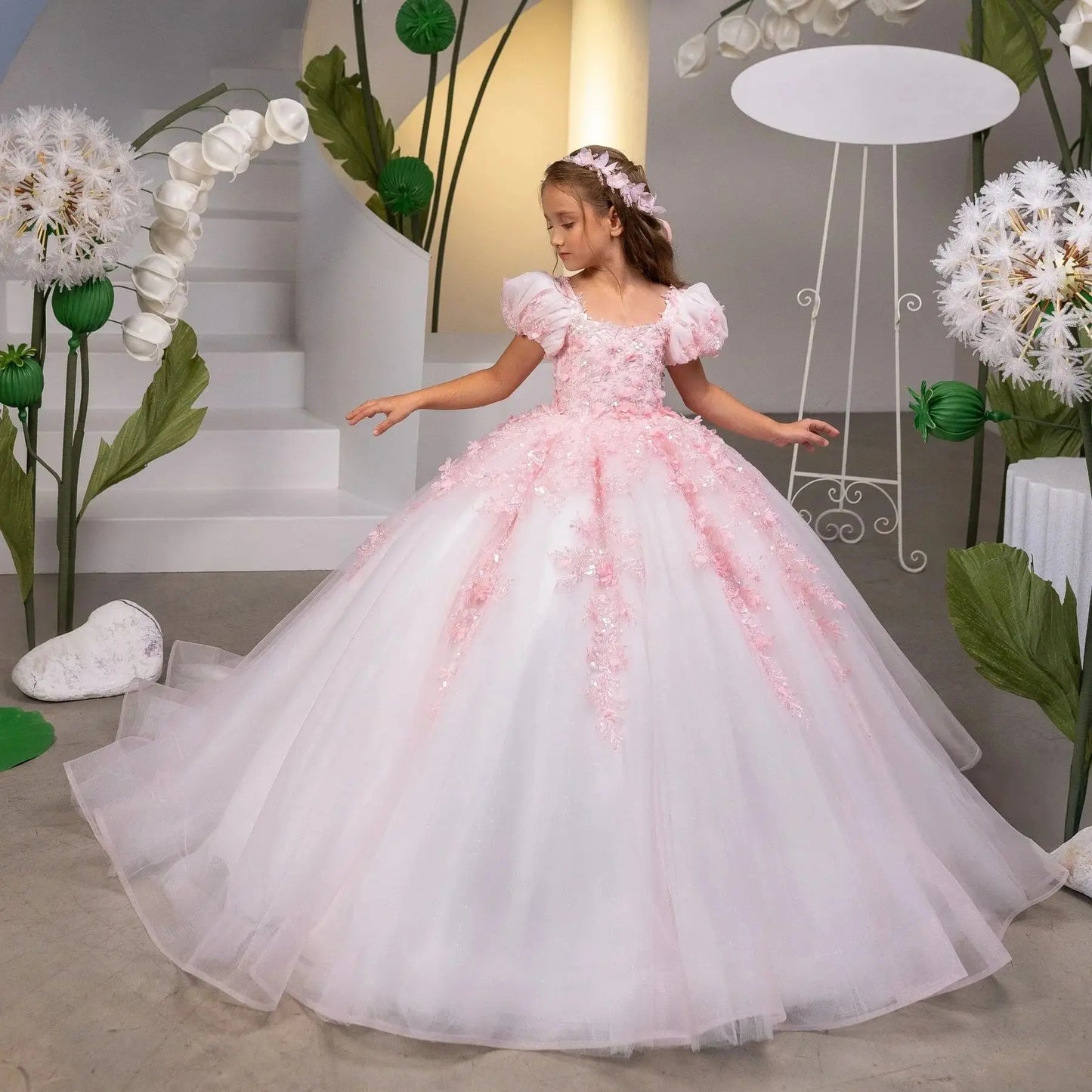 Blush Pink Lace Flower Girl Dress Princess Ballgown Little Girls Wedding Dress Toddle Kids Birthday Party Gowns Customized