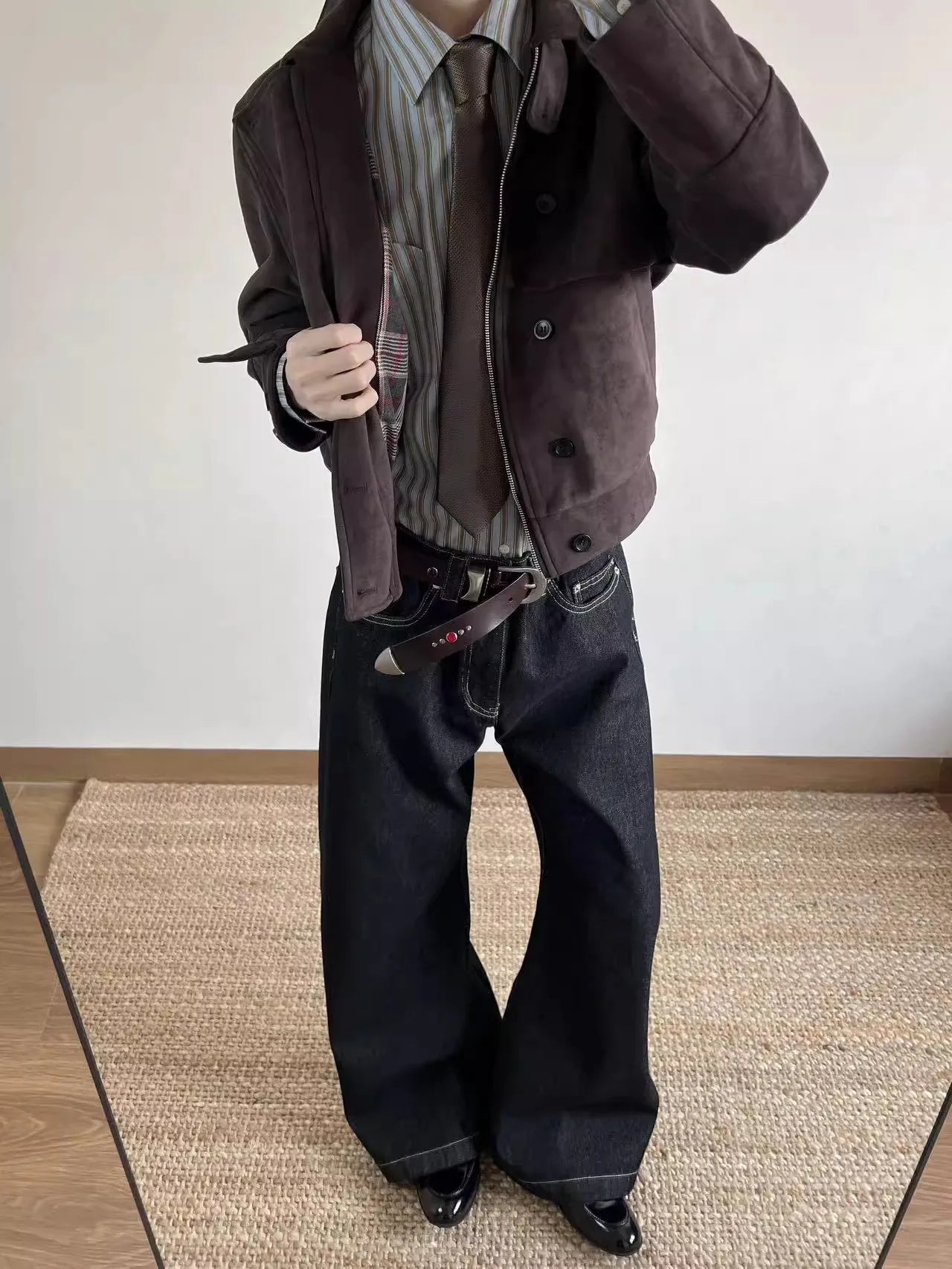 Spring Autumn Cool Short Soft Brown Faux Suede Leather Jacket Men Turn-down Collar Zipper Luxury Designer Clothes