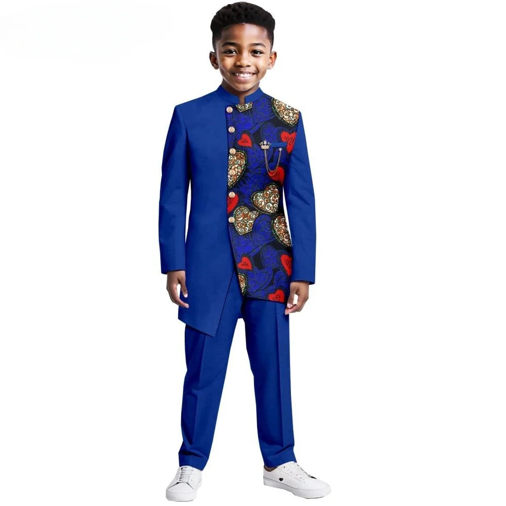 African Patterned Children's Elegant Suit Set 2 Pieces For Formal Occasion,Stylish Smart Boys Tuxedo Sets Wedding Outfit XS-XXL