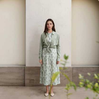 Autumn Winter Casual Women Cotton Linen Shirt Fashion Print Long Dress Set with Pocket Blouse Elegant Lady Street 2 Piece Set