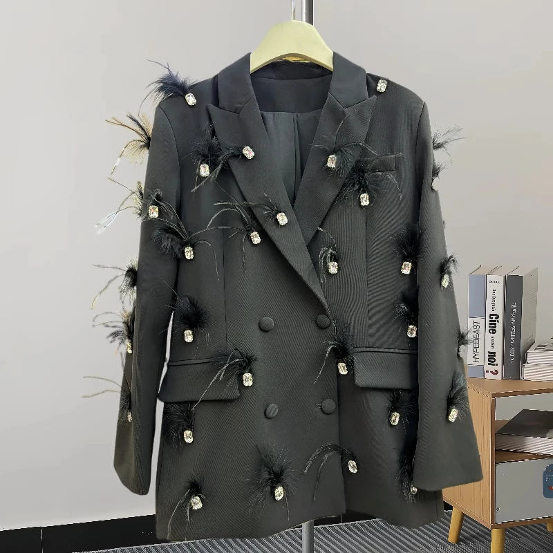 Luxury feather Faux diamond blazer Women 2025 New Double breasted rhinestones jacket High quality Loose Lady suit INKEO 4O089