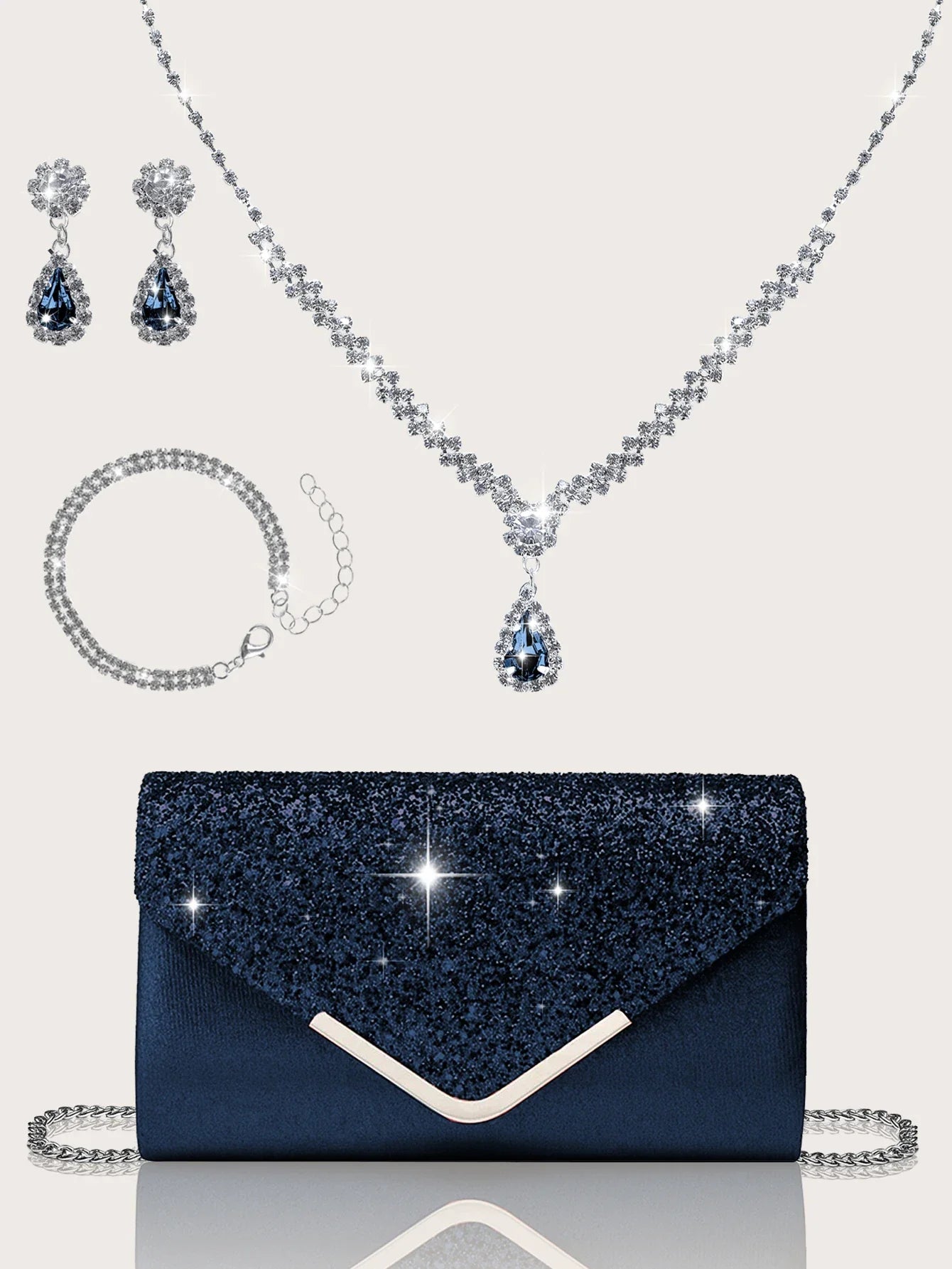 Gorgeous and elegant sparkly women's clutch bag, paired with a gorgeous rhinestone necklace, earrings and bracelet set of four.