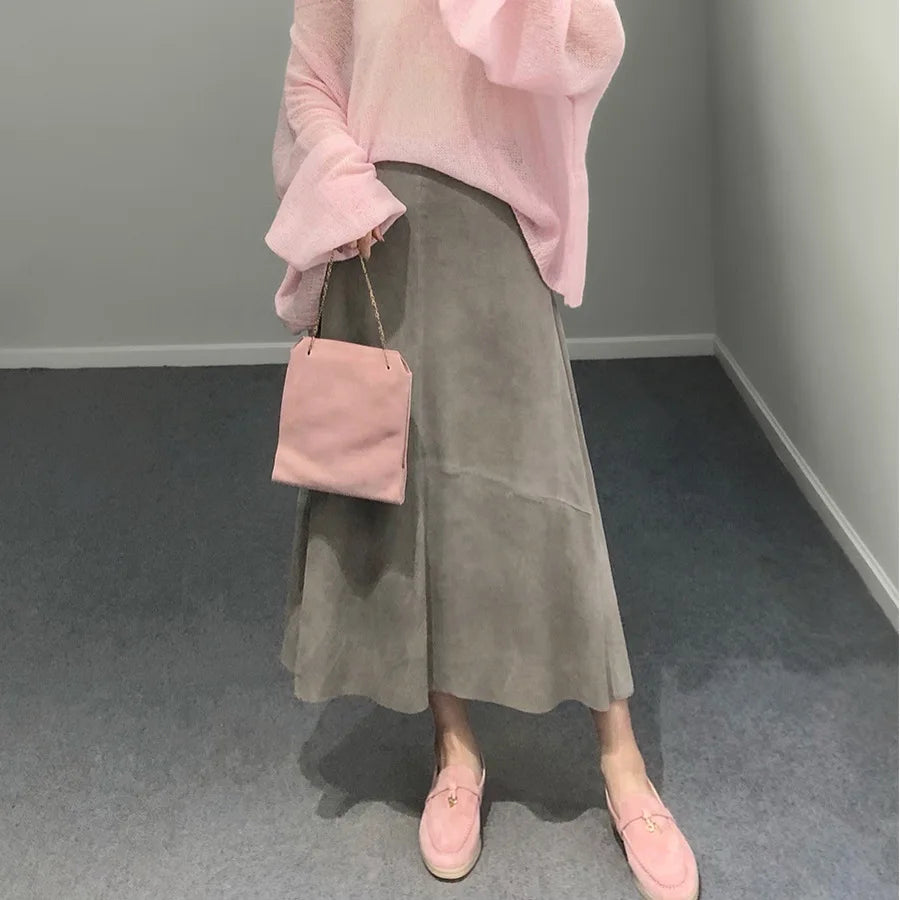 تنورة نسائية من جلد الغزال الأرجواني موضة 2025 لربيع Harajuku بحافة كبيرة طول 85 سم تنانير نسائية أنيقة بوهيمية فستان جلدي 100%
