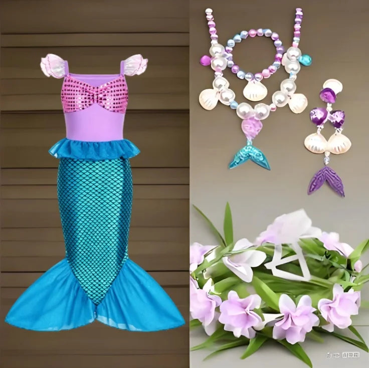 2025 Girls Mermaid Dress Princess Cosplay Party Costumes Summer Purple Elegant Flying Sleeve Fancy Dresses For 2-10Y Kids