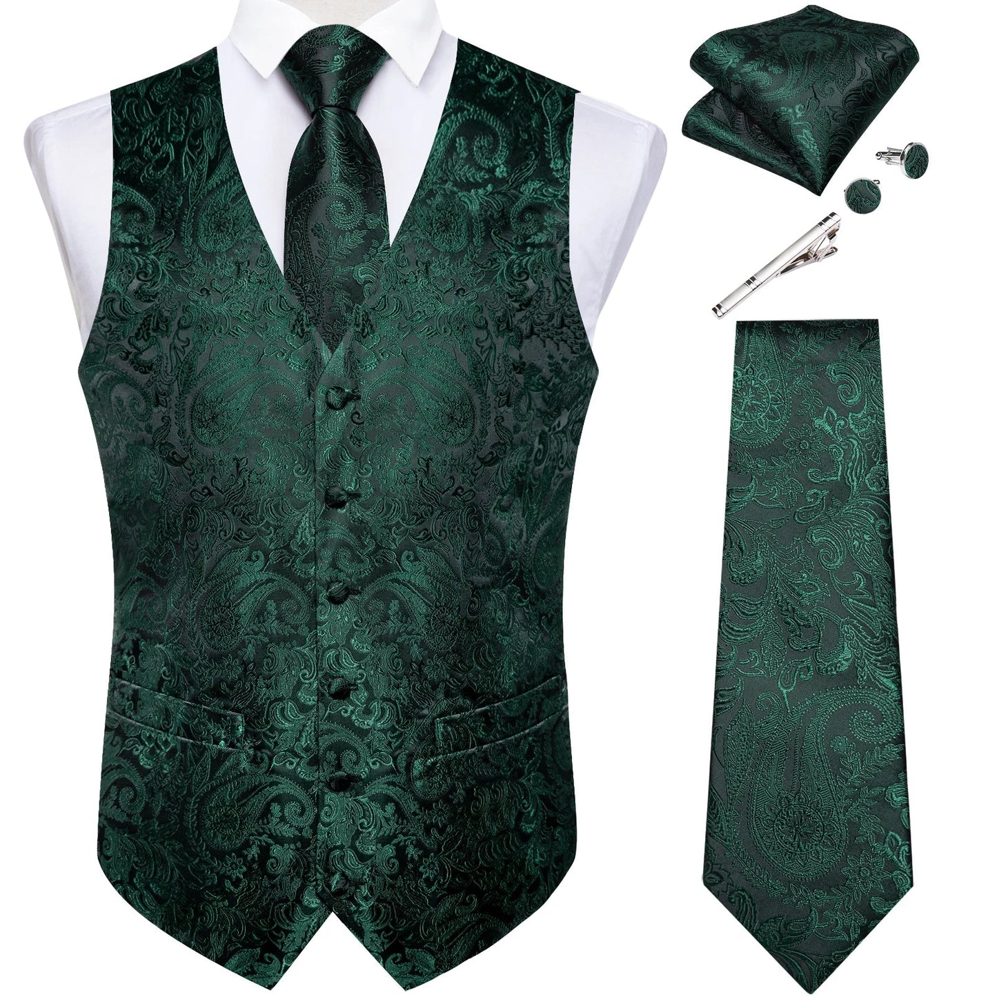 Suit Vest for Men Black Solid Paisley Wedding Prom Groom Jacquard Waistcoat with Necktie for Tuxedo Men Clothing