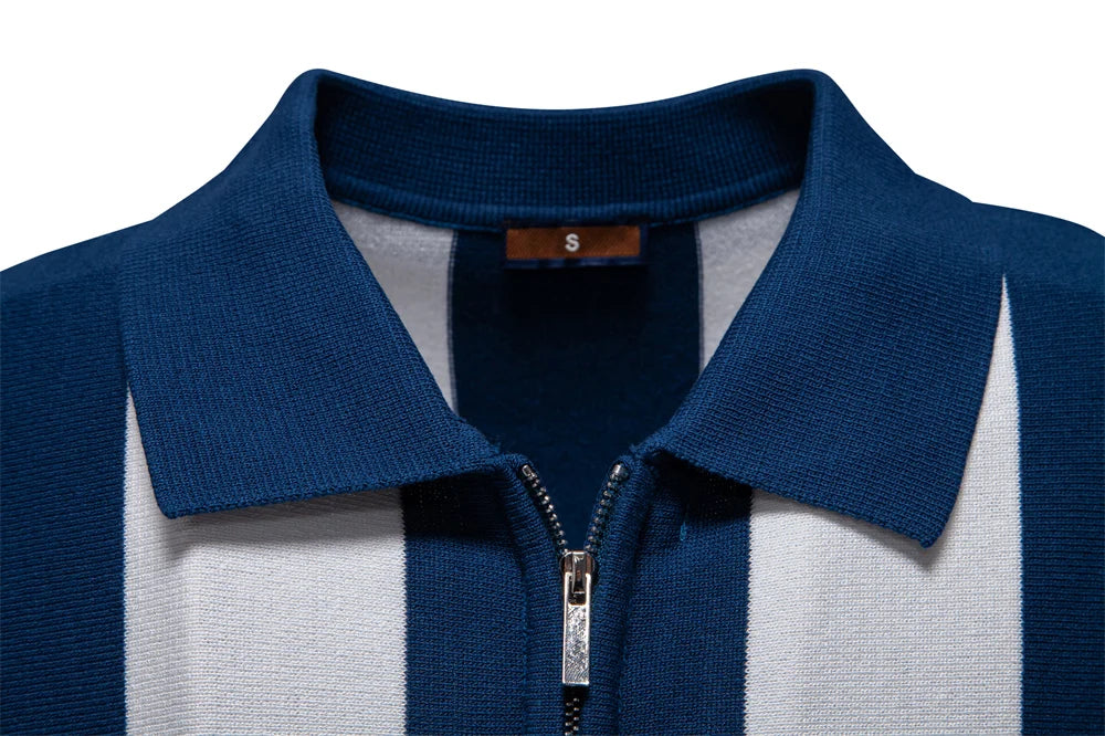 2025 New Summer Men's Breathable Striped Contrast Panel Polo Shirt - Casual Short Sleeve Knit Shirt with Comfort Fit