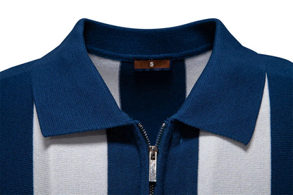 2025 New Summer Men's Breathable Striped Contrast Panel Polo Shirt - Casual Short Sleeve Knit Shirt with Comfort Fit