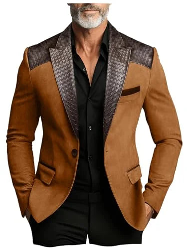 Men's Faux Suede Jacket with PU Leather Collar & Shoulder Two-Tone Blazer Contrast Trim Coat