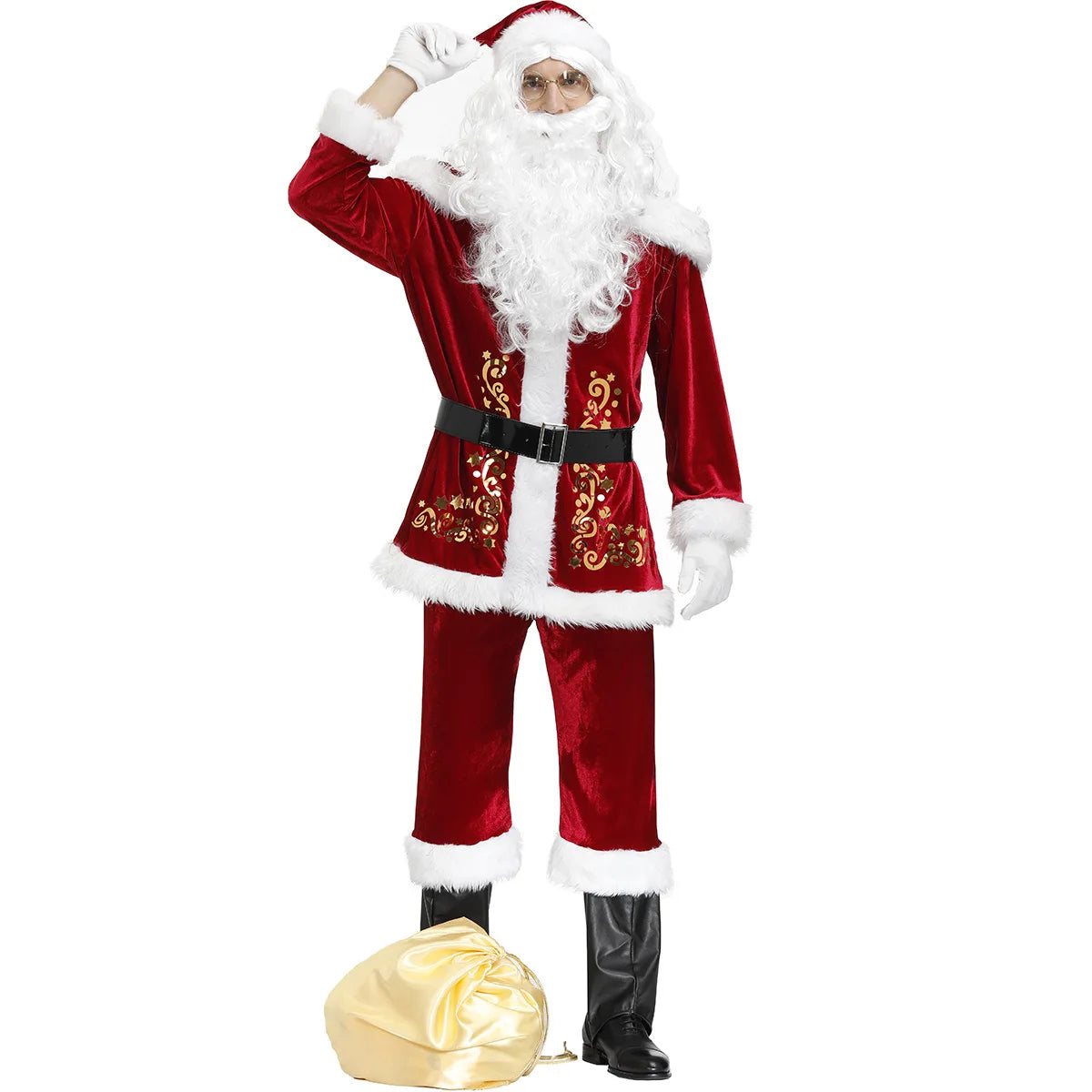 2024 New Man Santa Claus Suit Adult Christmas Cosplay Costume Red Deluxe Velvet Fancy 8pcs Set Xmas Party Family Costume Outfits