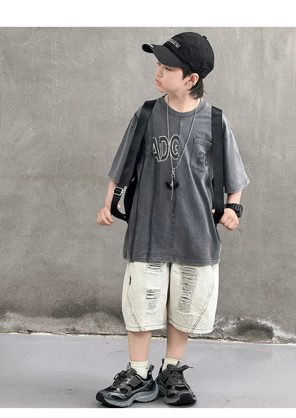 Cool Style Teenager Summer Set T-shirt And Ripped Denim Shorts Clothing Set for Kids Boy Age 7 To 14 Years Children Clothes Suit