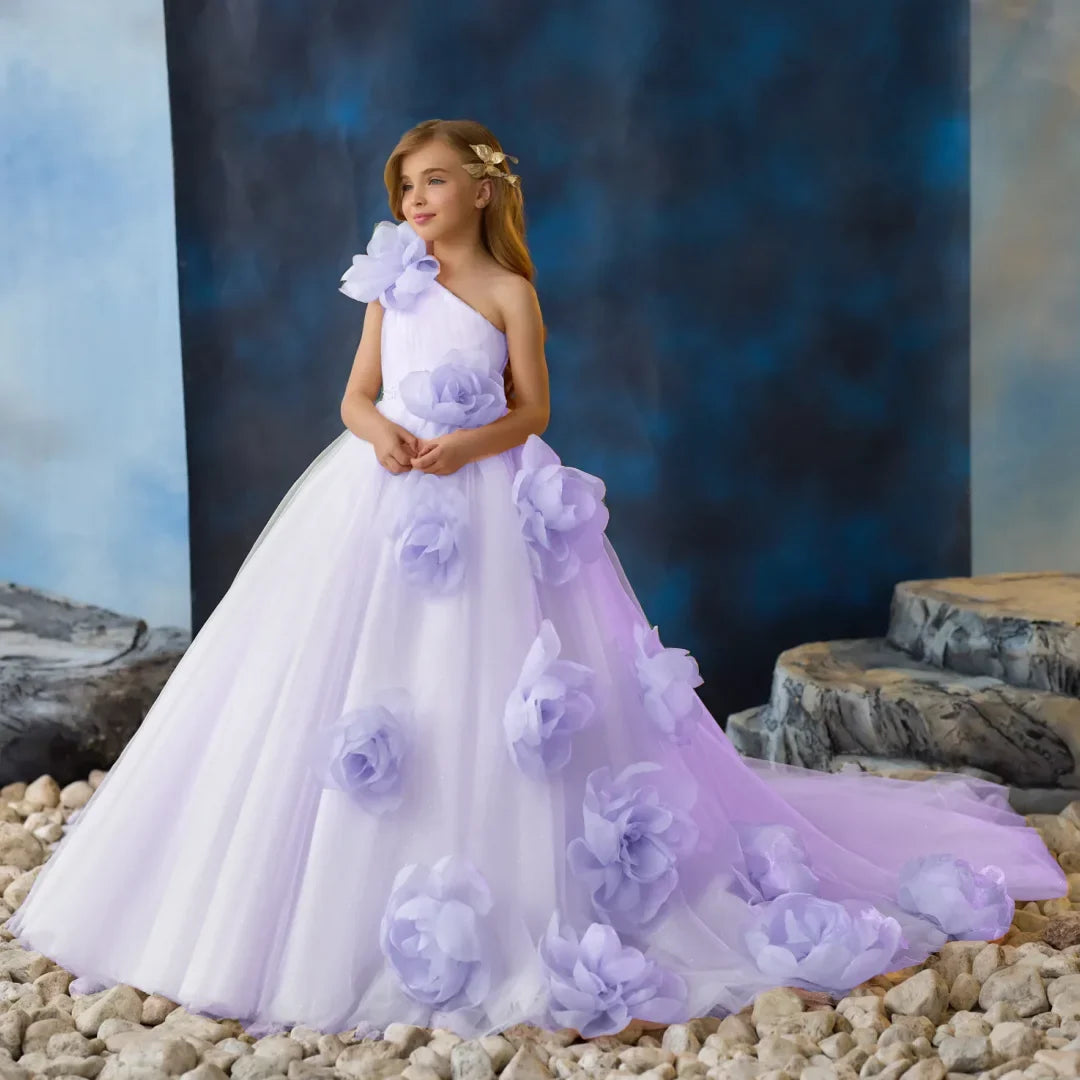 Customized Flower Girl Dress Pink Tulle Flowers Single Shoulder For Wedding Birthday Party Holy Communion Banquet Princess Gown