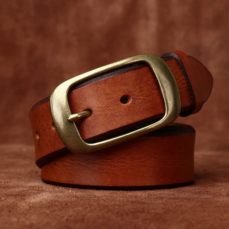 3.8 Width High Quality Pure Cowhide Thick Real Genuine Leather Men's Fashion Brass Buckle Belts Luxury Brand Jeans Belts for Men