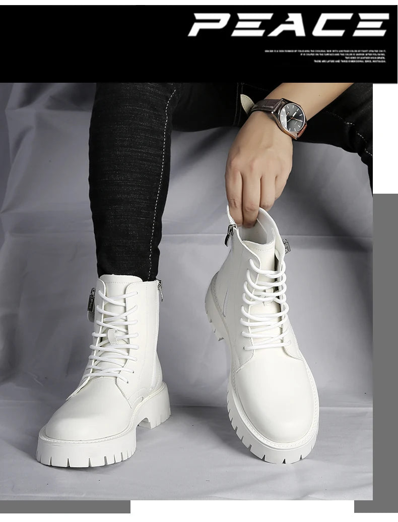 Fashion White Boots For Men New British Style Platform Motorcycle Boots Good Quality Casual Men’s High Top Leather Shoes Punk