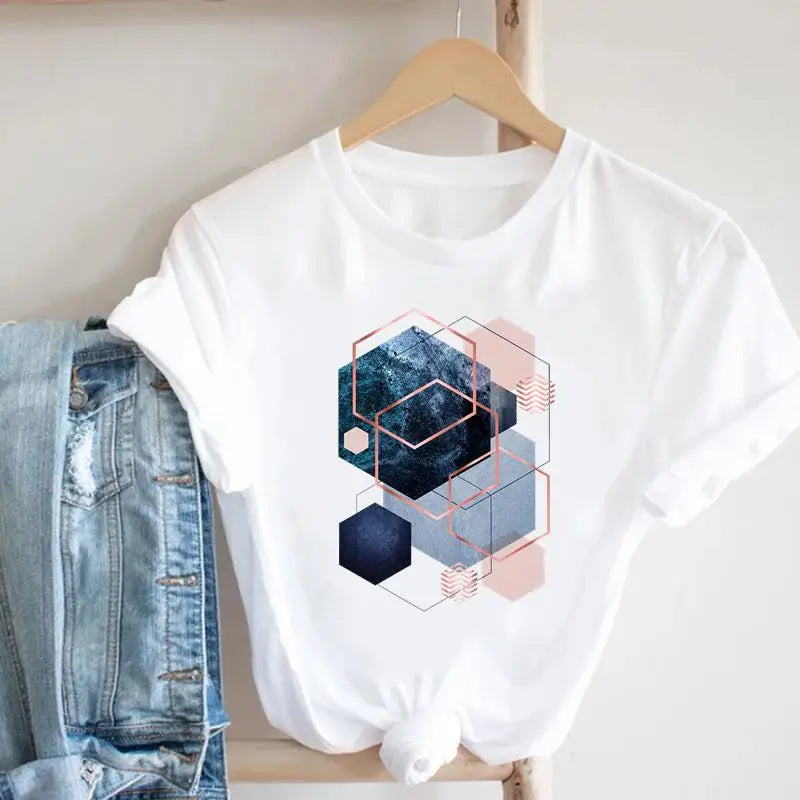 Women's Geometric Floral Print European and American Clothing Short Sleeve T-shirt Women Clothes  Tops  Harajuku