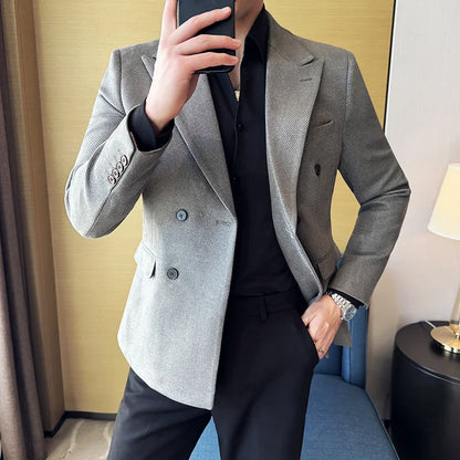 High Quality Men Double Breasted Blazer Suede Gilded Twill Slim Fit Business Social Formal Suit Jacket Tailcoats Men Clothes