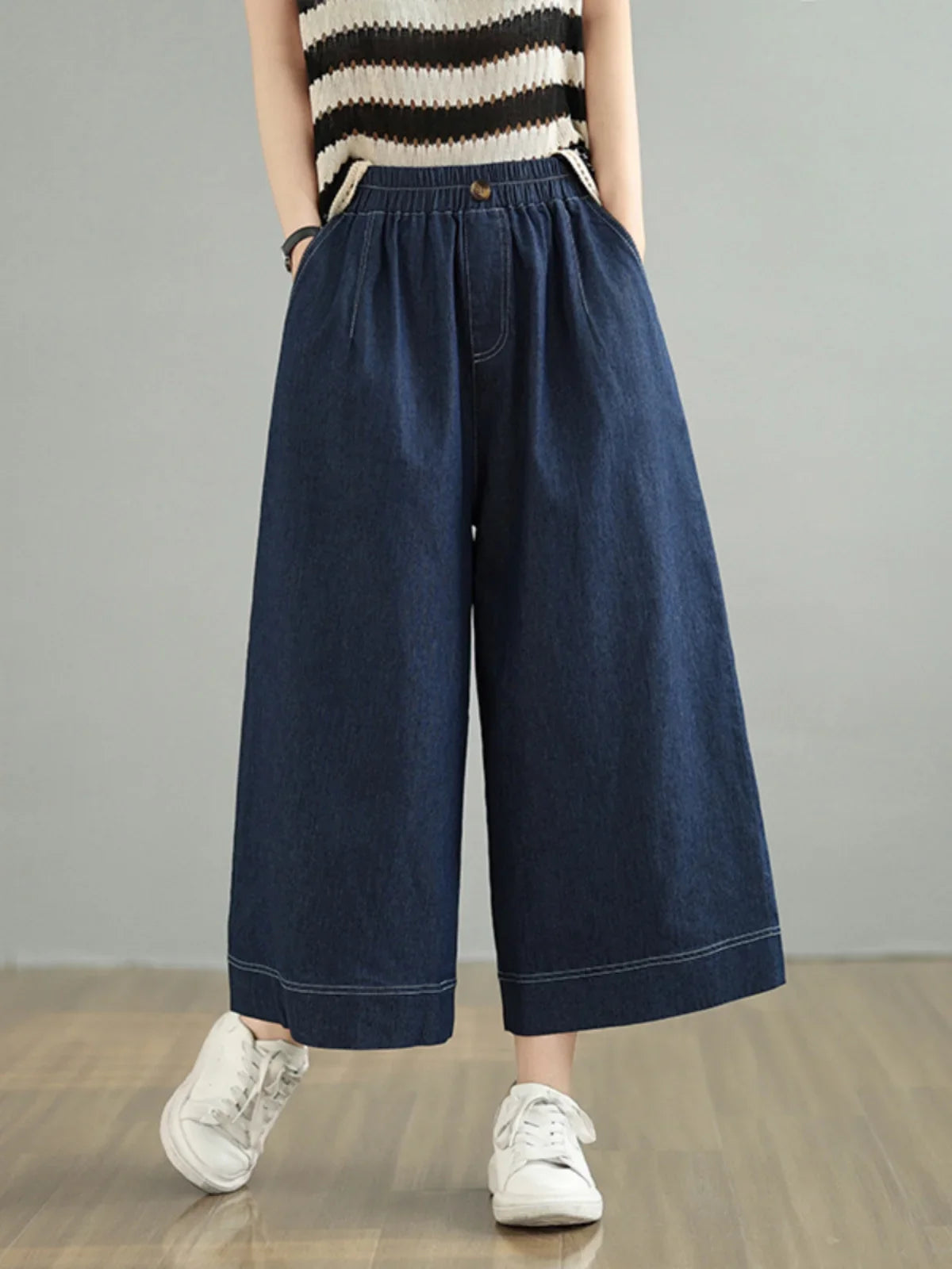 Spring 2026 plus Size Elastic Waist Denim Pants Women's Loose Wide Leg Casual Nine Point Skirt Pants High Waist Blue Jeans