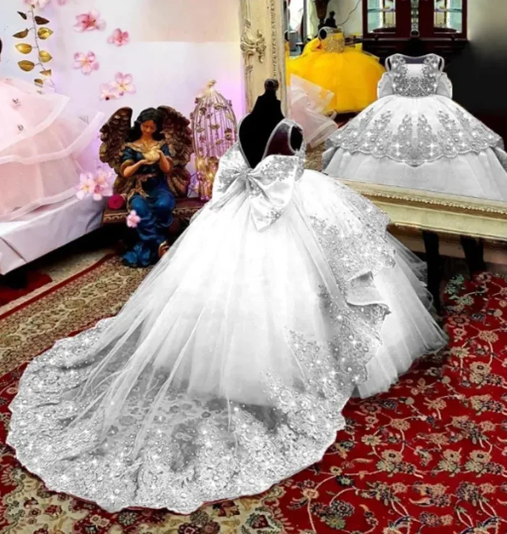 Customized Flower Girl Dress for Wedding Suspenders with Bow Satin Ball Gown Kids Birthday First Communion Party Dress
